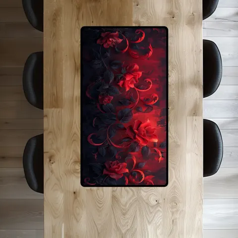 Short Table Runner Featuring Gothic Themed Dark Red and Black Art Nouveau Inspired Flowers, view 3