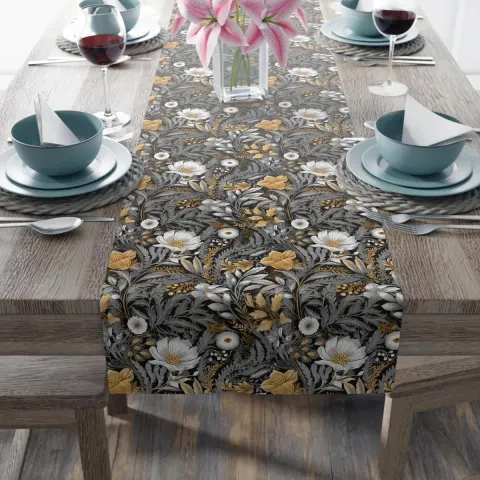 William Morris Inspired Floral Table Runner in Gray/Silver