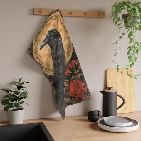 Gothic Raven Tea Towel: Black Bird Kitchen Decor, view 2