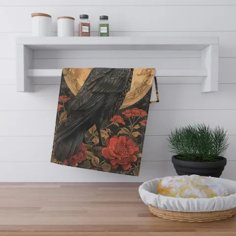 Gothic Raven Tea Towel: Black Bird Kitchen Decor, view 3