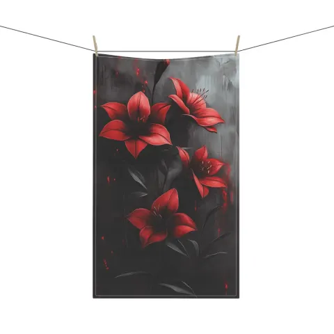 Gothic Red Lilies Tea Towel: Elegant Floral Kitchen Decor