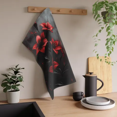 Gothic Red Lilies Tea Towel: Elegant Floral Kitchen Decor, view 2