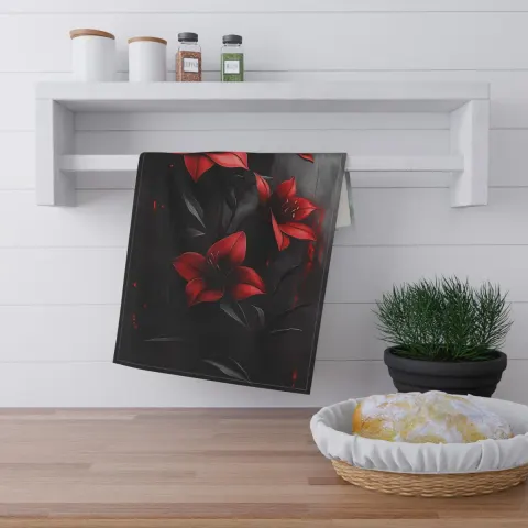 Gothic Red Lilies Tea Towel: Elegant Floral Kitchen Decor, view 3