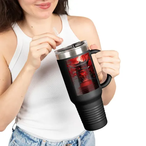 Black and Red Fantasy Japanese Tori Travel Mug, view 2
