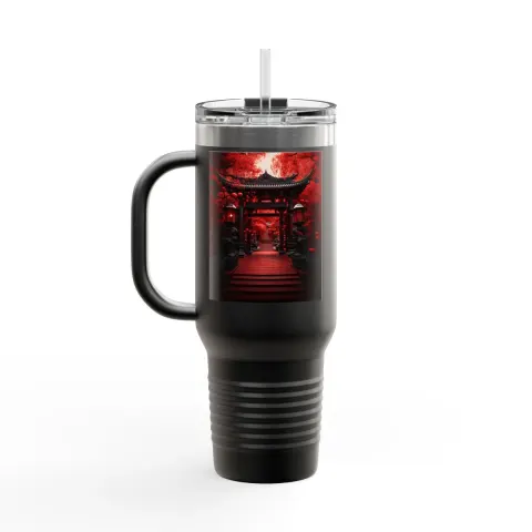 Black and Red Fantasy Japanese Tori Travel Mug, view 3